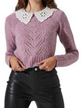 ASTR THE LABEL ANTHROPOLOGIE Lavender Knit Crop Sweater White Eyelet Collar XS